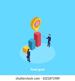 a man in a business suit points to a growing chart, an isometric image