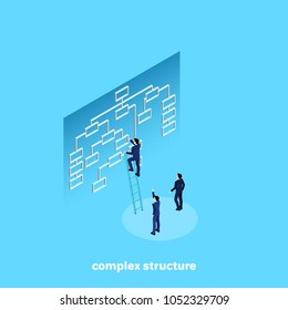 a man in a business suit points out the structure of an object, an isometric image