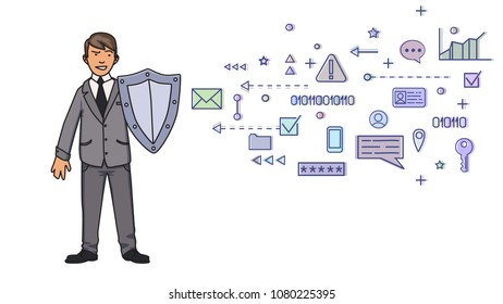 Man in business suit protecting himself with a shield from digital and network threats . Personal data protection. GDPR, RGPD. Concept vector illustration on white background. Flat style. Horizontal.