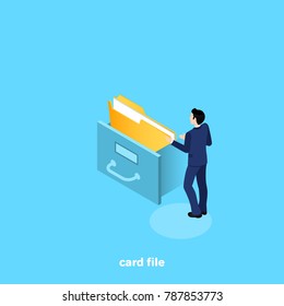 A Man In A Business Suit Pulls A Folder From The Card File, Isometric Image