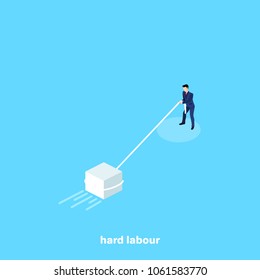 a man in a business suit pulls a heavy block, an isometric image