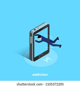 a man in a business suit pulls into a smartphone, an isometric image