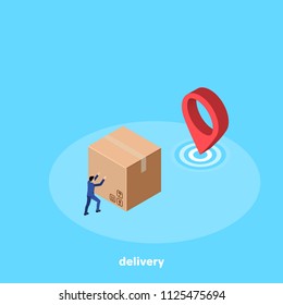 a man in a business suit pushes a large box to his destination, an isometric image
