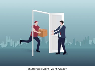 Man in a business suit receives a parcel from a delivery worker, delivery worker holding a package at door, Express door-to-door delivery service.