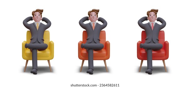 Man in business suit is resting in chair. Work break. Male character is sitting with his hands behind his head, legs crossed. Set of illustrations in different colors in cartoon style