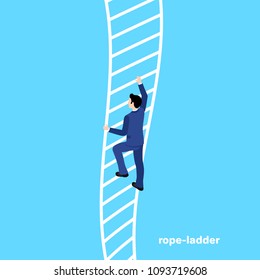 a man in a business suit rises up the rope ladder, an isometric image
