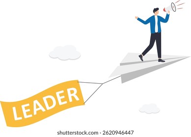 a man in a business suit is running with a big flag on which white letters are written leader,

