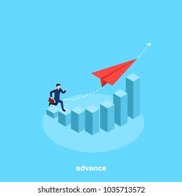 a man in a business suit is running up a diagram to a paper plane, an isometric image
