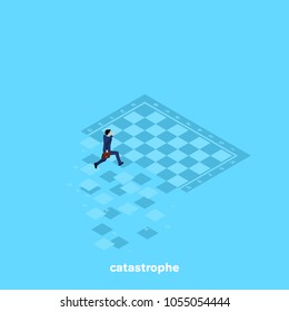 a man in a business suit runs along the crumbling chessboard, an isometric image