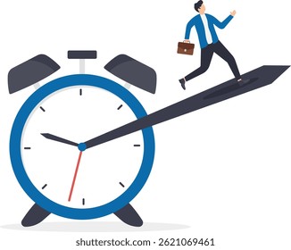 a man in a business suit runs along the protruding border of a red alarm clock standing,

