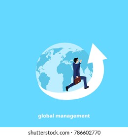 a man in a business suit runs along the arrow of the envelope globe, isometric image