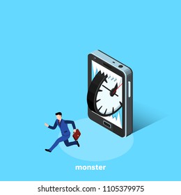 a man in a business suit runs away from a toothy smartphone, an isometric image