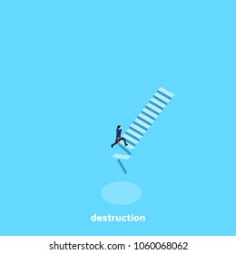 a man in a business suit runs up the crumbling ladder, an isometric image