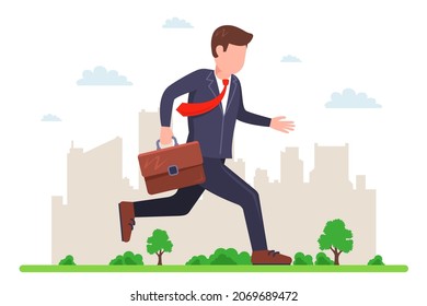 a man in a business suit runs down the street to work. be late for the office. flat vector illustration.