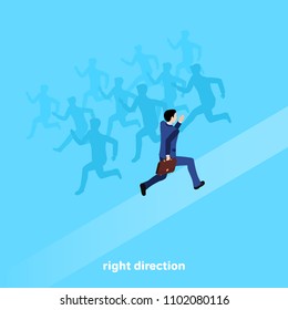 a man in a business suit runs in the opposite side of the crowd, an isometric image