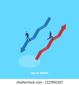 A Man In A Business Suit Runs Up The Red Arrow, The Blue Diagram Goes Down, Isometric Image