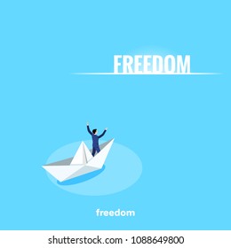 a man in a business suit sails on a paper boat to freedom, isometric image