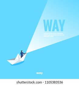 a man in a business suit sails on a paper boat lighting his way with a flashlight, an isometric image