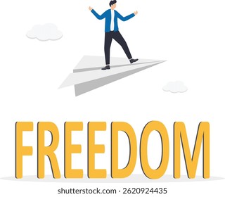a man in a business suit sails on a paper plan to freedom,

