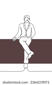 man in a business suit sat down on the table with his legs crossed, his hand resting on the tabletop - one line art vector. concept confident handsome businessman vertical illustration