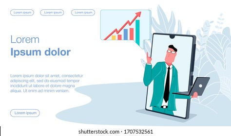 A man in a business suit from the screen of a mobile phone shows an infographic and holds a laptop in his hands. Vector illustration about making money on the Internet and online income.