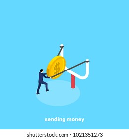 a man in a business suit sends money with a slingshot, an isometric image