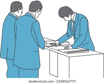 Man in business suit serving as receptionist for the ceremony