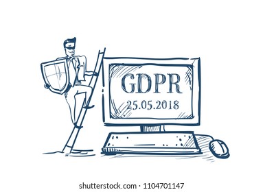 man in business suit shield climb the ladder data computer General Data Protection Regulation GDPR server secuirity guard hand drawing