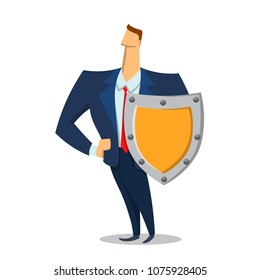 Man in business suit with a shield looking forward. Security and protection. Protecting your personal data. GDPR, RGPD, DSGVO. General Data Protection Regulation. Concept flat vector illustration.