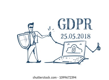man in business suit shield protecting computer General Data Protection Regulation GDPR server secuirity guard hand drawing
