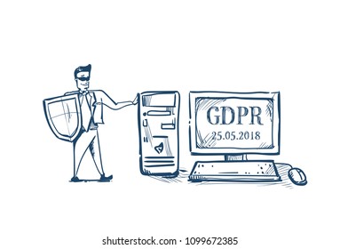 man in business suit shield security and protection of personal data on computer General Data Protection Regulation GDPR concept hand drawing