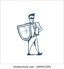 Mann in Business Anzug Schutzschild Sicherheit und Datenschutz Allgemeine Datenschutzverordnung GDPR Konzept Handzeichnung