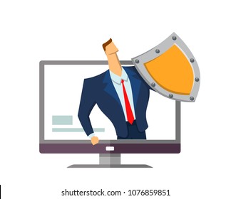 Man in business suit with a shield standing out from computer monitor. Protecting your personal data. GDPR, RGPD, DSGVO. General Data Protection Regulation. Concept vector illustration. Flat style.