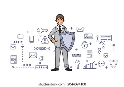 Un hombre con un traje de negocios con un escudo rodeado de íconos sobre el tema de la ciberseguridad y la protección de datos personales. Ilustración vectorial, aislada en blanco.