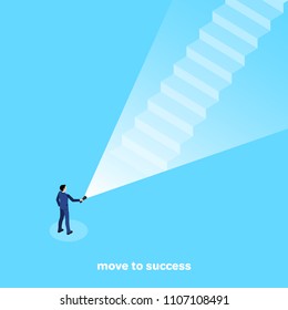 a man in a business suit shines a flashlight on the steps leading to the top, an isometric image