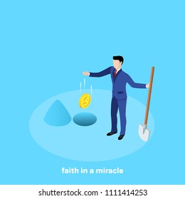 a man in a business suit with a shovel digs money into the ground, an isometric image