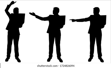 Man in a business suit showing his hand up, sideways. Businessman with a laptop. Three male silhouettes stand in a row. Front view, full face. The black silhouette is isolated on a white background.