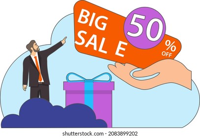 A man in a business suit shows a big discounts banner. Banner of big discounts up to 50%. Vector illustration. Vector.