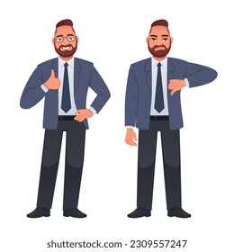 A man in a business suit shows a gesture of approval and disapproval. Likes and dislikes. Good and bad. Vector illustration in cartoon style on a white background.