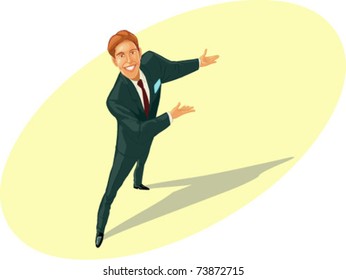  man in business suit shows hands a direction