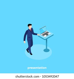 man in a business suit shows on a laptop screen a business growth schedule