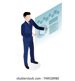 man in a business suit shows on a screen a business growth schedule