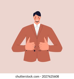 A man in a business suit shows a thumbs up on both hands. Colorful flat vector illustration on isolated background. Eps 10.
