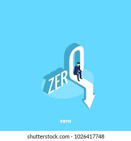 a man in a business suit sits in a large zero, an isometric image