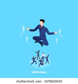 a man in a business suit sits in a lotus pose and meditates on a blue background, isometric image