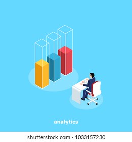 a man in a business suit is sitting at his desk and before him stands a diagram, an isometric image