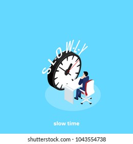 a man in a business suit is sitting at his desk and is waiting for the end of the working day next to the big clock, an isometric image