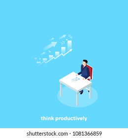 a man in a business suit sitting at a table and thinking about success in business, an isometric image
