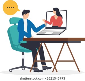 a man in a business suit is sitting at a table and communicating with a woman via the Internet,

