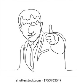 A man in a business suit is smiling showing thumb up. one continuous line drawing of a young businessman smiling affably and showing a gesture of kindness (thumbs up)